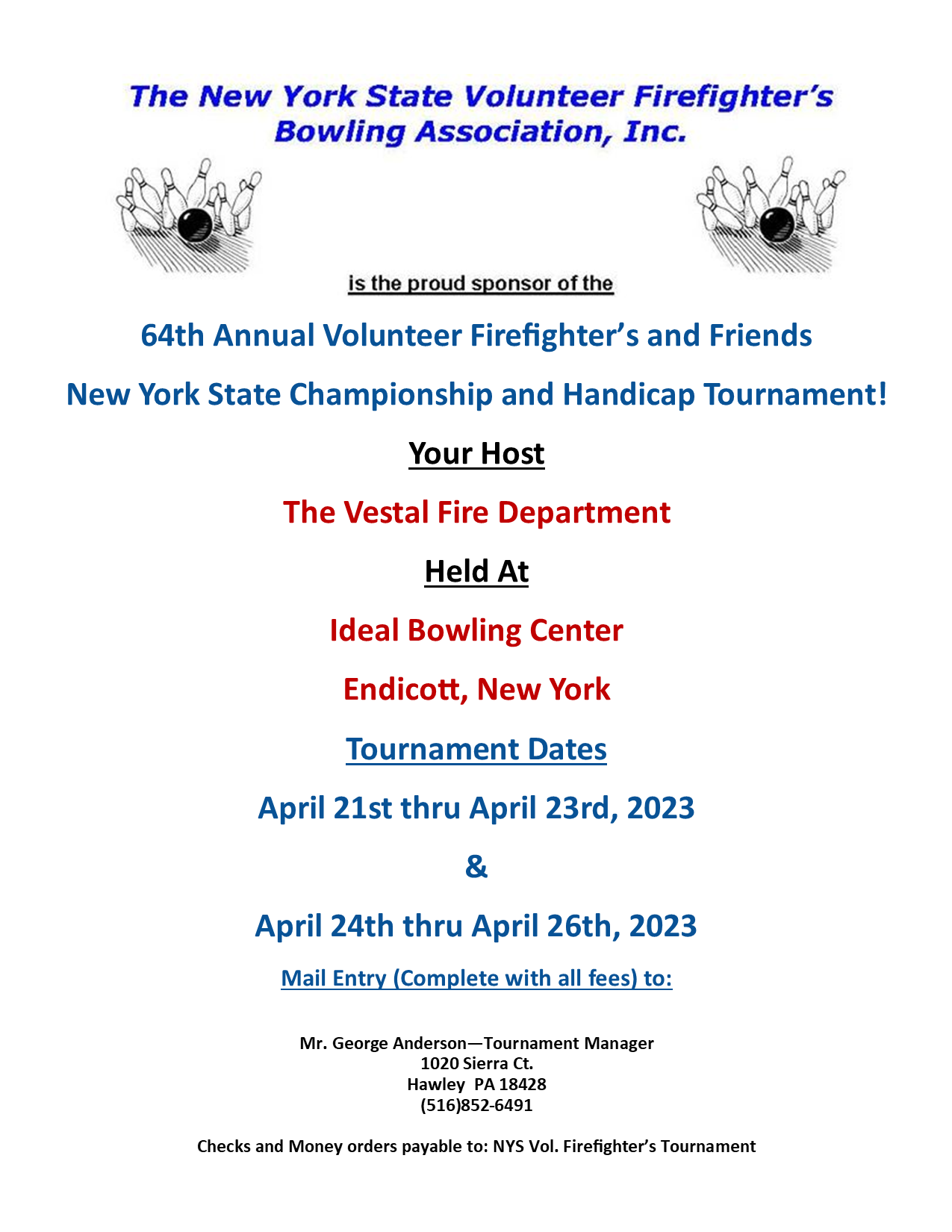 Vestal Fire Department hosting NYS Volunteer Firefighters’ Bowling Tournament April 21-23 and 28-30